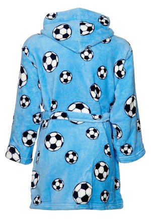 Accappatoio blu con cappuccio realizzato in morbido fleece, caratterizzato da un motivo di palloni da calcio bianchi e neri. Include una cintura coordinata e maniche morbide.