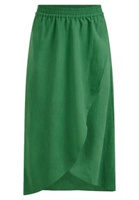 Grüne Midirock aus strukturiertem Stoff, mit einem elastischen Bund und einem Wickeldesign mit seitlichem Drapeelement.
