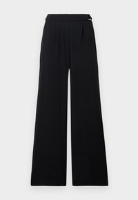 Μαύρο παντελόνι φαρδιάς γραμμής με ψηλή μέση, πιέτες μπροστά και λεπτομέρεια με αγκράφα στη ζώνη της μέσης.