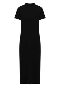 Abito nera, fino al ginocchio, con maniche corte e scollo alto. Realizzato in un tessuto liscio ed elasticizzato con una silhouette aderente.