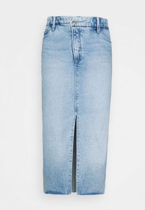 Lichtblauwe denim midi-rok met een split aan de voorkant, riemlussen, knoopsluiting en vervaagde wasdetails.
