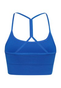 Blauwe sportbeha met een racerbackontwerp, een gestructureerde band en een naadloze afwerking. De stof lijkt rekbaar en soepel met minimale stikdetails.