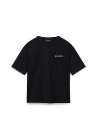 T-shirt noir à manches courtes en coton, avec un petit logo contrastant sur la poitrine gauche et un col ras du cou classique.