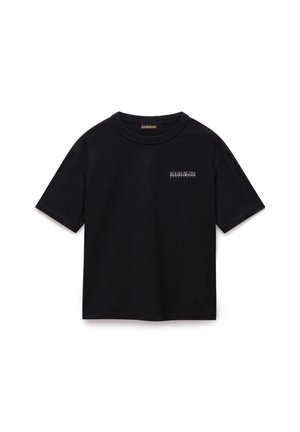 Zwarte T-shirt met korte mouwen van katoen, voorzien van een klein contrasterend logo op de linkerborst en een klassieke ronde hals.