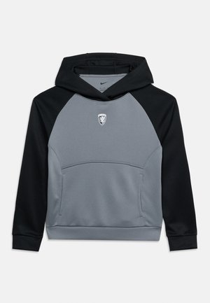 Sweat à capuche gris et noir à manches longues avec poche avant et petit logo Nike en forme de bouclier centré sur la poitrine.