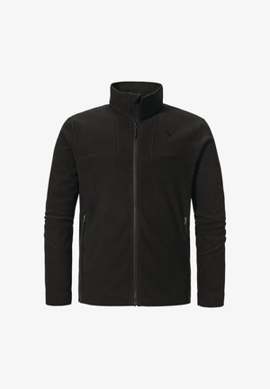 Schwarze Fleecejacke mit hohem Kragen, durchgehendem Reißverschluss und zwei Seitentaschen. Verfügt über geschwungene Nähte und ein Logo auf der oberen linken Seite.