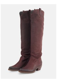 Botas de cuero burdeos hasta la rodilla con un ligero diseño de caída, punta afilada y un tacón de madera apilada. Detalles de costura sutil en el cuerpo.