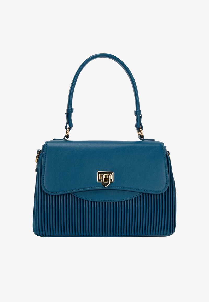 Teal leren handtas met geplooide textuur, gouden hardware en een bovenhandvat. Beschikt over een klep sluiting en een gestructureerd ontwerp.