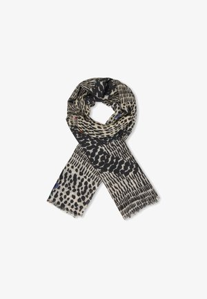 Animal print scarf featuring black and cream patterns, textured fabric, and fringed edges. Measures approximately 180 cm by 70 cm.