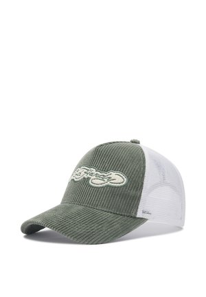 Groene corduroy frontcap met witte mesh achterkant en geborduurd "Ed Hardy" logo op het voorpaneel.