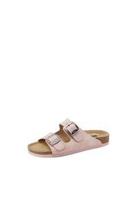 Sandal con zeppa in suede rosa con due fibbie regolabili in argento, soletta in sughero e suola piatta in gomma; texture liscia e design minimalista.