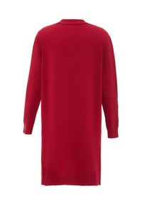 Langer roter Cardigan aus weichem Strickstoff, mit Rundhalsausschnitt, langen Ärmeln und gerippten Bündchen sowie Saum für zusätzliche Struktur.