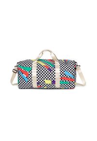 Torba typu duffle w wzór szachownicy z jaskrawo kolorowymi kształtami geometrycznymi, wyposażona w kremowe paski i odczepiany pasek na ramię.