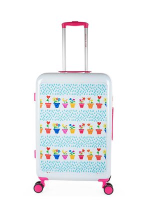 Maleta rígida con un acabado blanco, acentos en rosa y un diseño floral juguetón en macetas. Cuenta con cuatro ruedas y un asa retráctil.