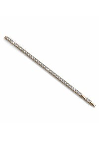 Bracciale dorato caratterizzato da una fila di gemme trasparenti incastonate lungo una banda sottile, finitura in metallo liscia, chiusura sicura e design elegante.