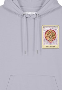 Lichtgrijze hoodie van een katoenmix met een voorzak, voorzien van een kleurraf pizza-afbeelding in een rechthoekig kader. Verstelbare koorden met metalen tips.