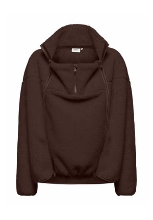 Veste polaire marron foncé avec col haut, zip avant aux trois quarts et ourlet élastique, posée à plat sur fond blanc.