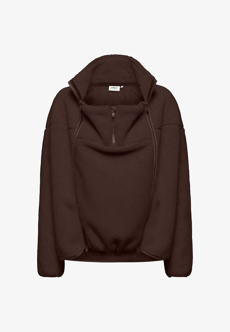 Veste polaire marron foncé avec col haut, zip avant aux trois quarts et ourlet élastique, posée à plat sur fond blanc.