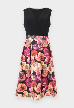 Sleeveless dress with black fitted V-neck bodice and flared skirt featuring vibrant pink, red, and orange floral pattern on black background.