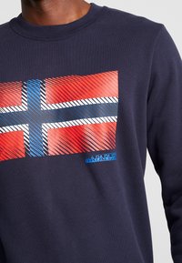 Felpa girocollo blu navy con una grafica della bandiera norvegese, caratterizzata da strisce rosse, blu e bianche; dettaglio del logo stampato in rilievo.