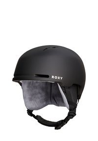 Zwarte matte helm met verwijderbare grijze fleece voering, ventilatiegaten voor luchtstroom en verstelbare bandjes. Heeft het "ROXY" logo aan de zijkant.