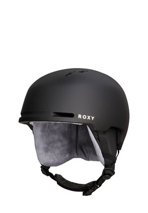 Zwarte matte helm met verwijderbare grijze fleece voering, ventilatiegaten voor luchtstroom en verstelbare bandjes. Heeft het "ROXY" logo aan de zijkant.