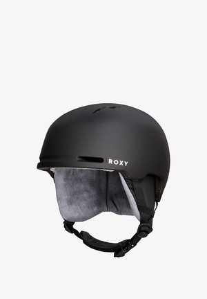 Zwarte matte helm met verwijderbare grijze fleece voering, ventilatiegaten voor luchtstroom en verstelbare bandjes. Heeft het "ROXY" logo aan de zijkant.