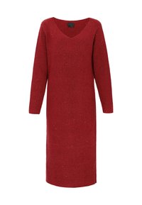 Piros kötött ruha bordázott textúrával, V-nyakkivágással és hosszú ujjakkal. Egyenes sziluettet és finom fényes részleteket tartalmaz.