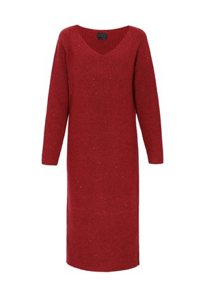 Czerwona dzianinowa sukienka o prążkowanej fakturze, z dekoltem w serek i długimi rękawami. Posiada prostą sylwetkę oraz subtelne błyszczące akcenty.