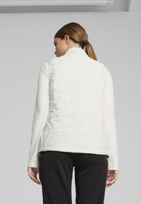 White puffer vest with a high collar, quilted design, and no sleeves, paired with a long-sleeve shirt and black pants, seen from the back.