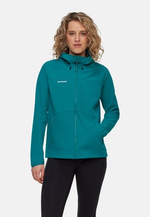 Teal softshell jacket with a hood, featuring a zippered front, two side pockets, and the "Mammut" logo on the upper left chest area.