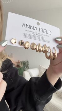 Zestaw kolczyków w kolorze złotym, obejmujący okrągłe, faliste i kołowe wzory. Każdy element różni się rozmiarem i kształtem, prezentowany na karcie z logo marki.