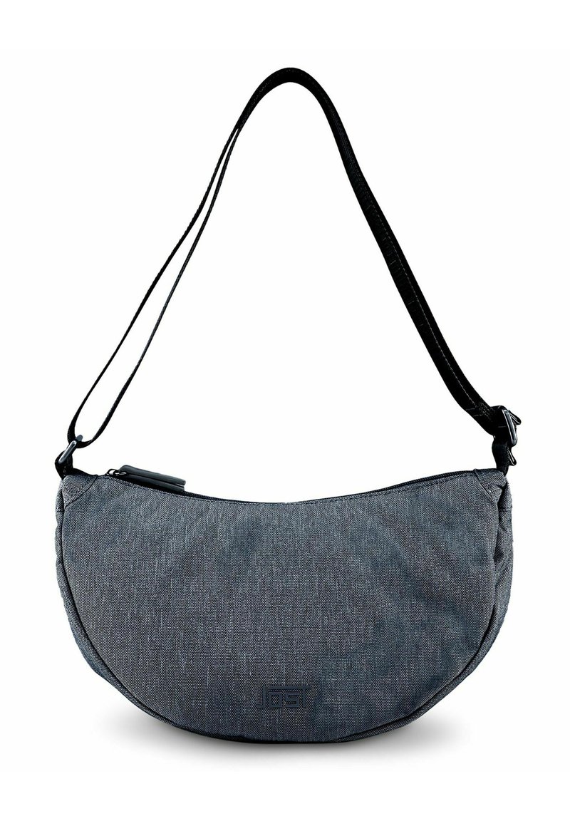 Borsa a tracolla grigia in tessuto con forma curva, tracolla nera regolabile, chiusura con zip superiore e una texture sottile. Presenta un logo sul fronte.