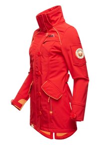 Red waterproof jacket with a high collar, orange accents, front buttons, and multiple pockets. Made of textured fabric for durability.