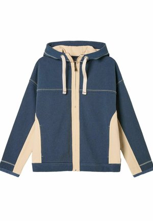 Hooded jacket featuring a navy blue body with cream accents, zip closure, and drawstring. Made of textured fabric with contrasting stitching.