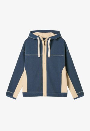 Hooded jacket featuring a navy blue body with cream accents, zip closure, and drawstring. Made of textured fabric with contrasting stitching.