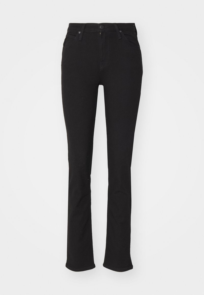 Jeans en denim noir à coupe slim, taille haute et jambes évasées. Dotés d'une fermeture à bouton et de poches avant et arrière. Texture lisse.