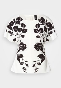 Witte top met zwart bloemenontwerp, korte mouwen en een ronde halslijn. Gestructureerde vorm met een peplumstijl zoom. Rits aan de achterkant.