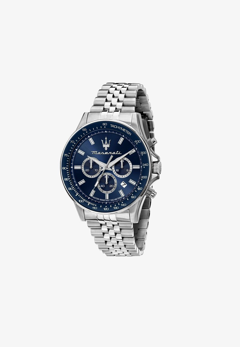 Edelstahl-Chronographenuhr mit einem marineblauen Zifferblatt, silbernen Akzenten, Tachymeterskala und einem strukturierten Gliederarmband.