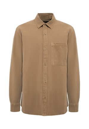 Braunes langärmliges Hemd mit Knopfleiste, Kragen und einer einzelnen Brusttasche auf der linken Seite, aus weichem Baumwollstoff.
