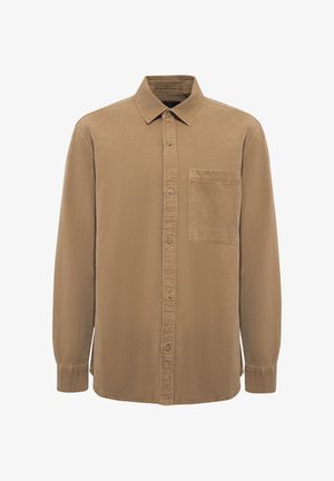 Braunes langärmliges Hemd mit Knopfleiste, Kragen und einer einzelnen Brusttasche auf der linken Seite, aus weichem Baumwollstoff.