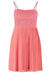 Plisovaná šaty ve světle růžové barvě s krajkovým živůtkem a nastavitelnými špagetovými ramínky. Nabízí rozšířenou siluetu s texturovanou tkaninou.