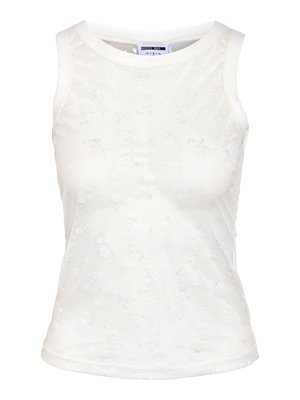 Valge varrukateta särgikeerakujuline top peene lillemustriga pitsiga ja ümmarguse kaelusega.