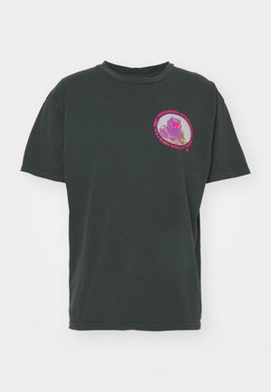 Black cotton T-shirt with a round neckline and short sleeves, featuring a colorful graphic print on the chest area.