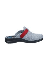 Gray felt clog with a red accent strap, rounded toe, and a black rubber sole. Features a soft texture and slip-on design for easy wear.