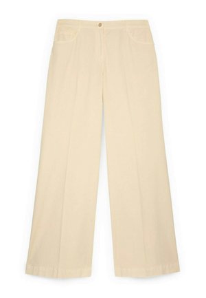 Beżowe szerokie spodnie z wysokim stanem, zapinane z przodu na guzik i zamek błyskawiczny, z bocznymi kieszeniami i przeszyciami na szwach.