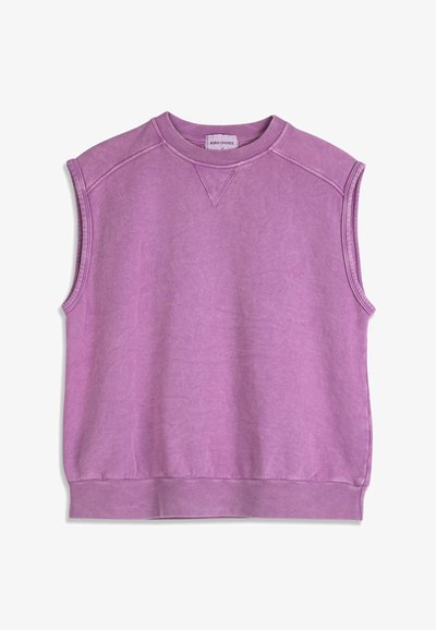 Sweat-shirt sans manches à col rond en lavande délavée, avec ourlet, emmanchures et encolure côtelés, comprenant des détails de couture visibles.