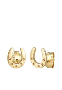 Boucles d'oreilles en forme de fer à cheval en or, avec des clous ronds le long des bords, présentant une finition polie et un système de fermeture sécurisé. Taille petite.