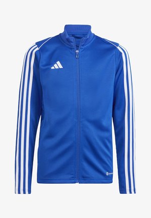 Blaue Sportjacke aus glattem Stoff mit weißen Streifen entlang der Ärmel und einem Reißverschluss vorne. Sie hat einen hohen Kragen.