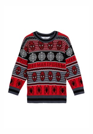 Suéter infantil de Spider-Man en rojo, negro y gris con patrones de telaraña y arañas, que presenta caras repetidas de Spider-Man y texto en el pecho.